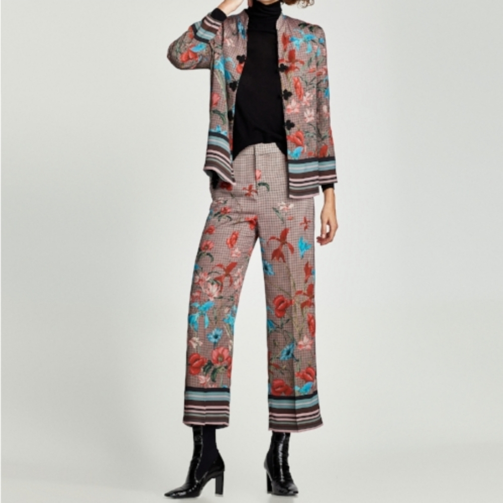 ZARA Womens Mandarin Collar Kimono Floral 2 Piece Pant Suit Blazer Size Midium.